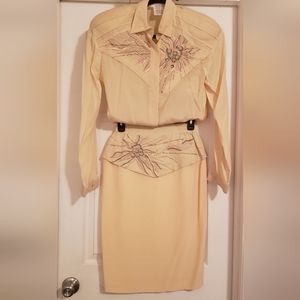 Orlando Rossi Vintage 100 % Silk 2pc embroidery beading sequins Blouse and skirt